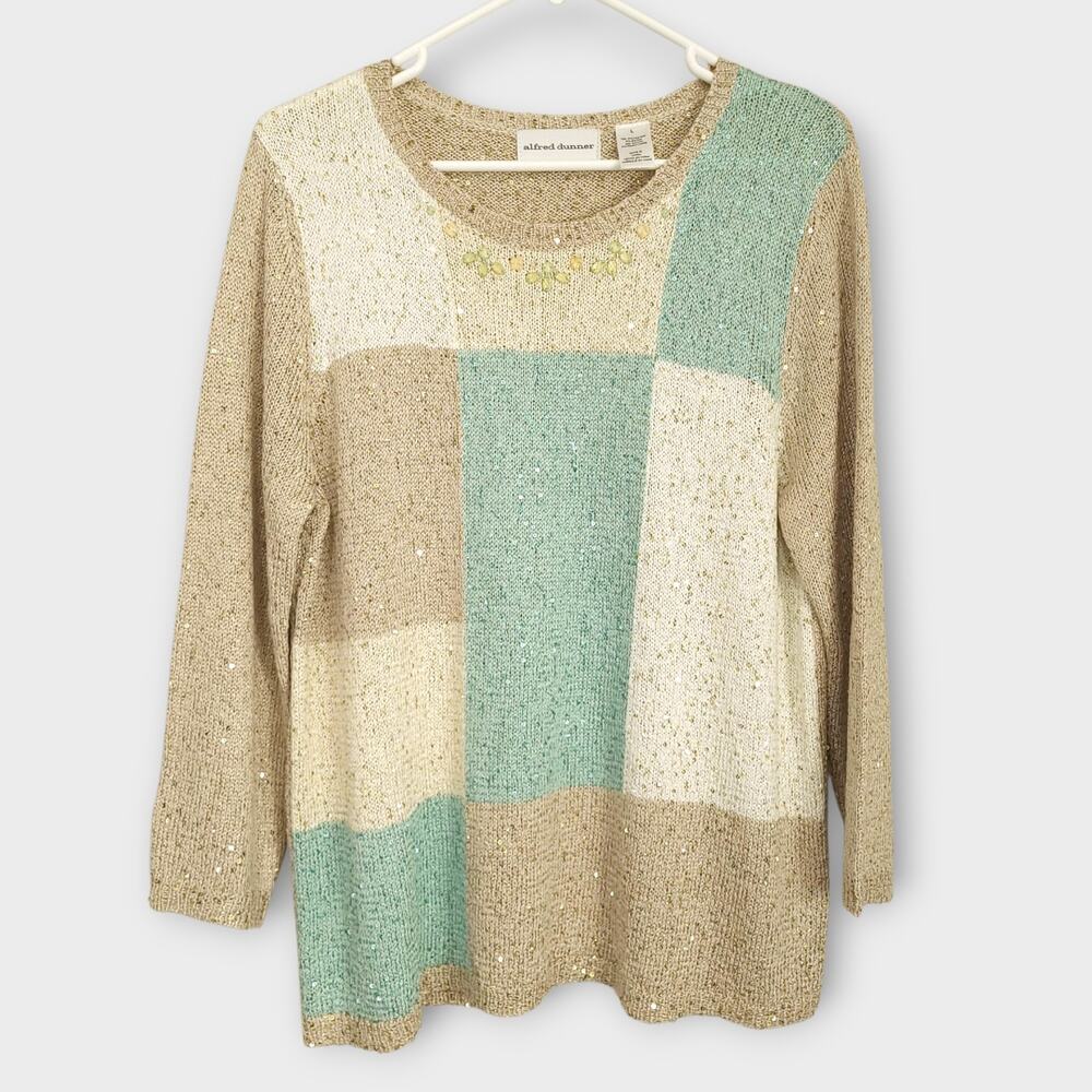 Sequin Sweater Alfred Dunner Womens Large Patchwork Pattern Pullover Fall Winter